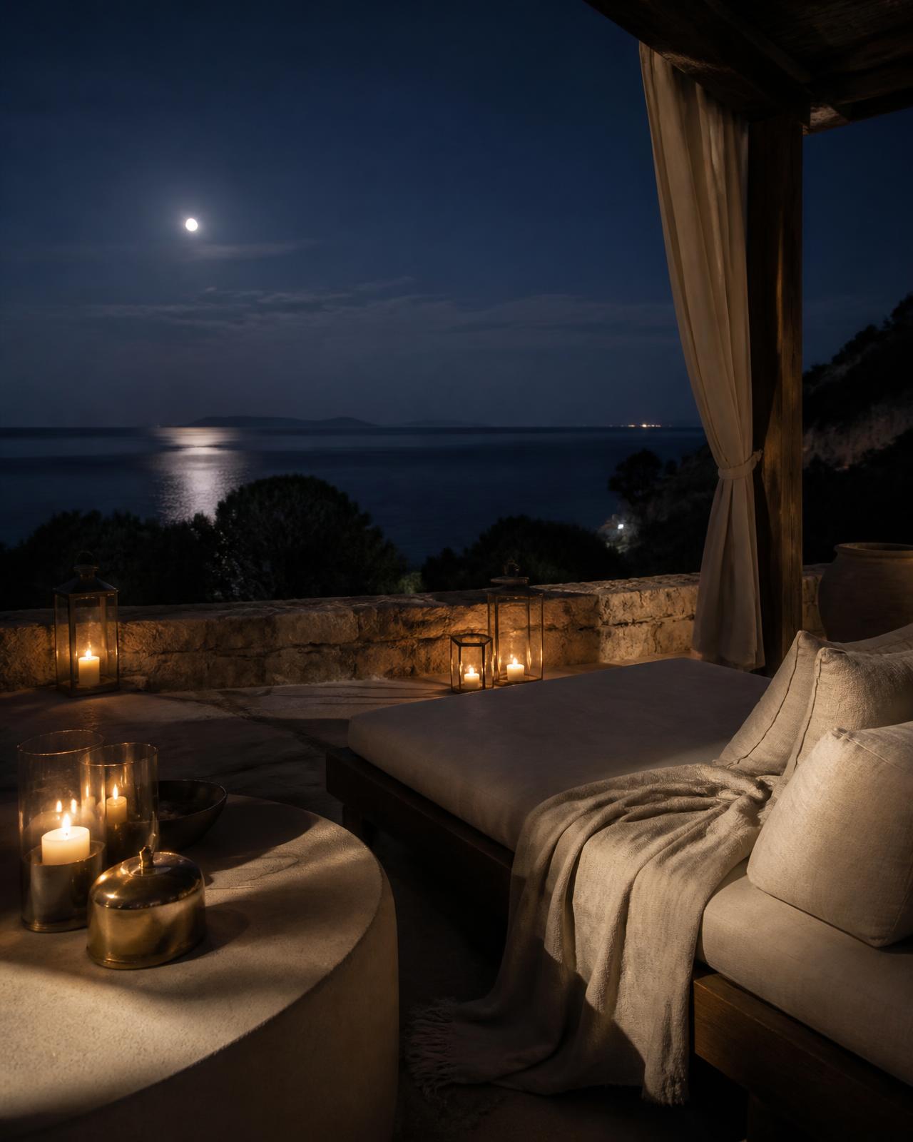 Candlelit private villa terrace above the sea in Sardinia