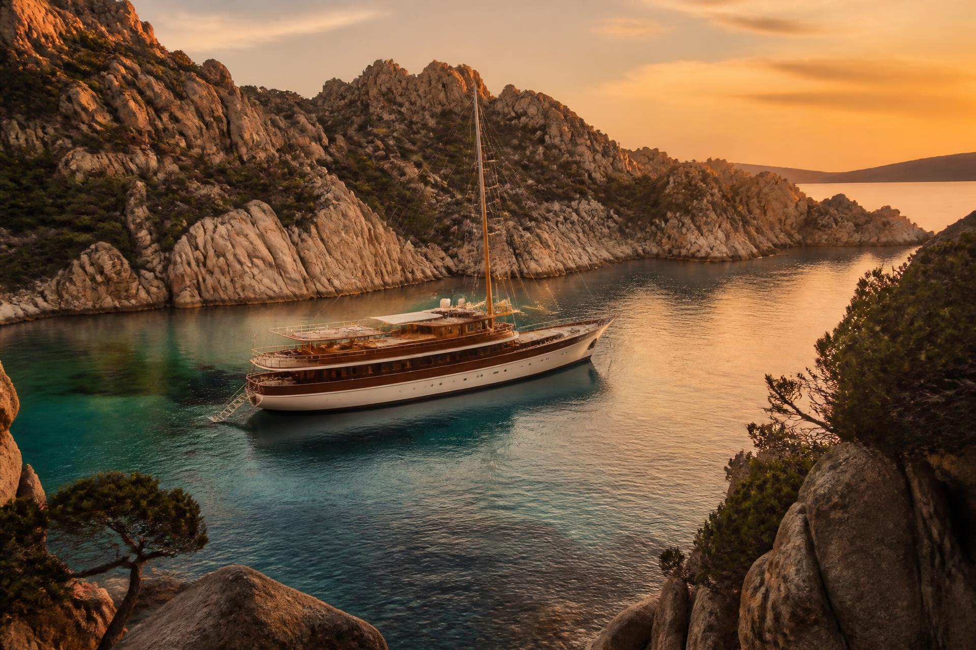 Private yacht anchored in a secluded Sardinian cove at dusk